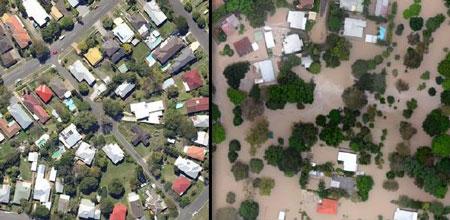 Map of before and after Brisbane floods