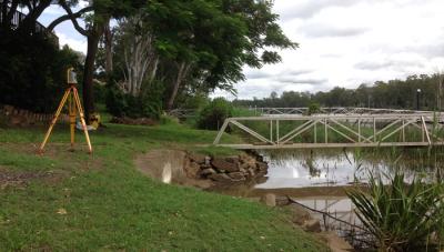Showing position of the neighbouring pontoon to the left and the fixed catwalk and pile with headstock to the right